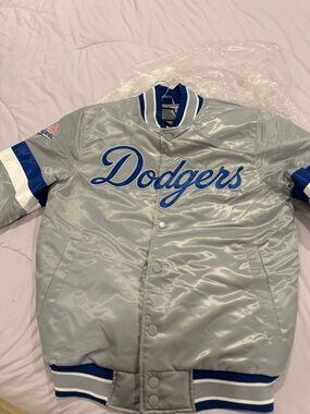 Los Angeles Dodgers Satin Jacket in Silver with Blue Script